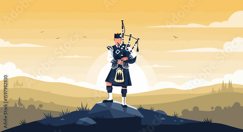 Scottish Highlands Bagpiper Standing Proudly Against A Golden Sunset Panorama