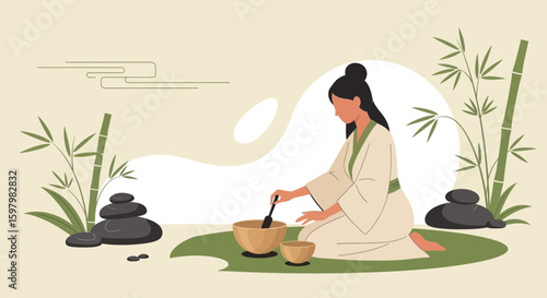 Woman Practicing Traditional Medicine Ceremony With Singing Bowl And Bamboo Grove