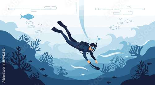 Scuba Diving Adventure In The Deep Blue Sea And Coral Reefs Exploration