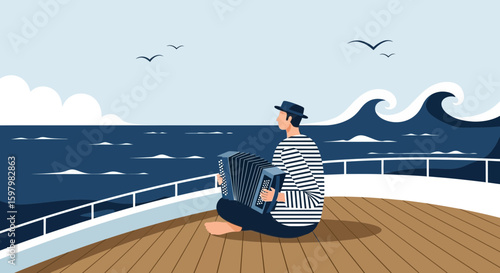 Seafarer Serenade An Accordionist On Deck Enjoying Marine Vista And Sea Music