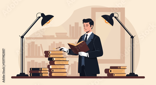 Well Dressed Archivist Reads A Book Surrounded By Stacks Of Books