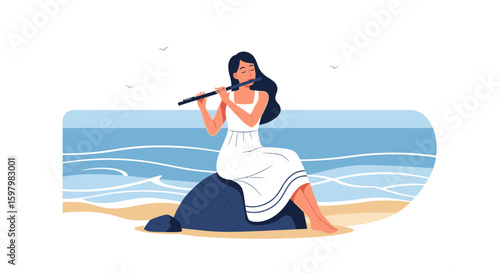 Seaside Serenade Woman Playing Flute on Beach Relaxation and Artistic Expression