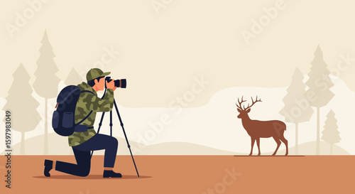 Wildlife Photographer Capturing Deer in Forest, Nature Scenery and Adventure Theme