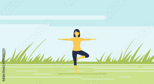 Woman Practicing Vrksasana Yoga Pose In Tranquil Outdoor Setting Illustration