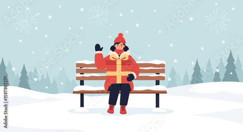 Winter Celebration Scene Woman Enjoying Outdoors With Present In Snowy Landscape