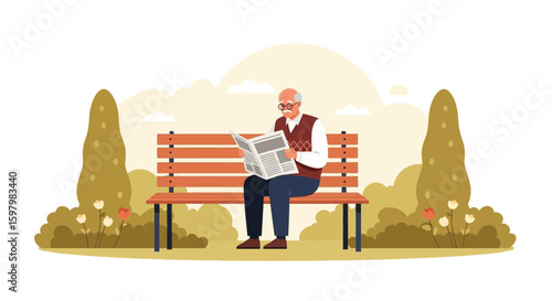 Senior Man Reads Newspaper On Park Bench On Summer Afternoon Calm Day
