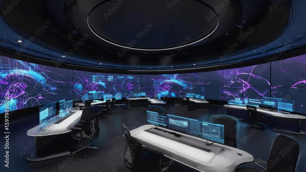 Command Center Predictability Futuristic command center featuring large curved screens displaying ...