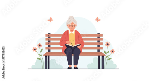 Senior Woman Writes In Her Journal On A Park Bench With Butterflies