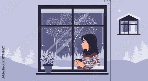 Winter Evening View From Window With A Girl Enjoying Fireworks Celebration