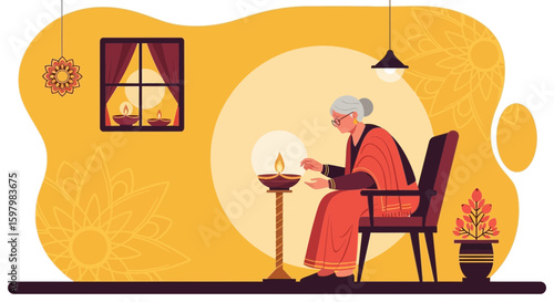 Senior Woman Lights Diyas For Diwali In Decorated Home Illustration