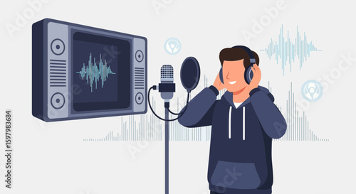 Professional Recording Man In Studio With Microphone For Voice Over Artist Sound Design