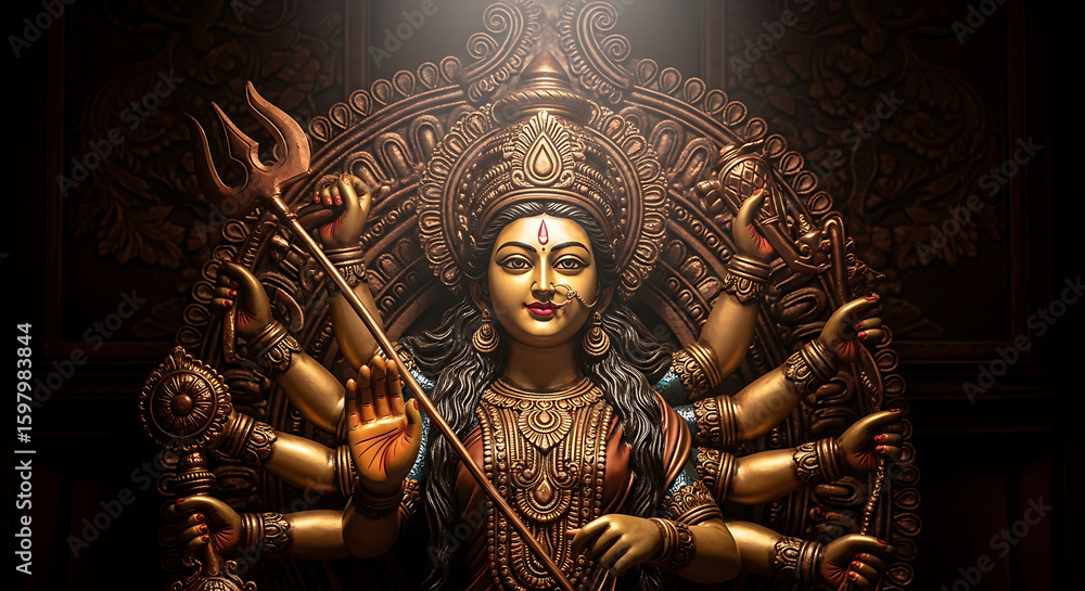 Obraz premium Golden Goddess with Multiple Arms Holding Trident Adorned in Jewelry