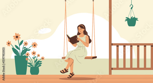 Serene Afternoon With Woman Reading On Swing Relaxing Surrounded By Floral Decorations