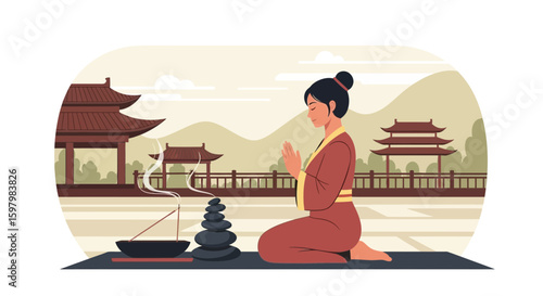 Serene Asian Woman Meditating With Incense In Temple Garden At Sunrise