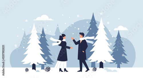 Winter Serenade: A Couple's Animated Encounter Amidst Snowy Evergreen Forest
