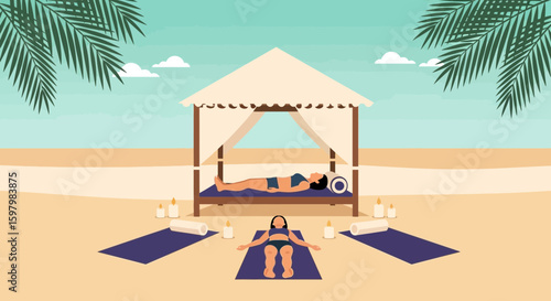 Serene Beach Retreat: Women Practicing Relaxation and Mindfulness Under Palm Trees