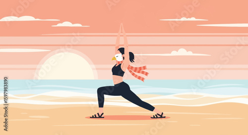 Serene Beach Morning Yoga With Face Mask Healthy Lifestyle Illustration