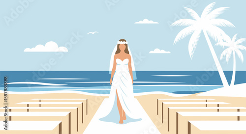 Serene Beach Wedding Scene Depicting A Bride Walking Down The Aisle