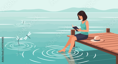 Quiet Moment Reading Book On The Dock By The Lake During Summer