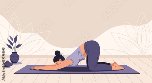 Woman Practicing Yoga Child Pose In Relaxing Indoor Serene Environment