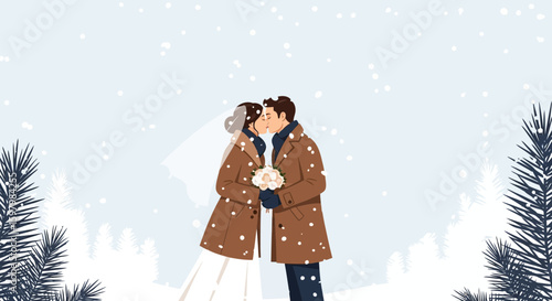 Winter Wedding Bliss Couple Kissing Amidst Snowfall In Forest Landscape