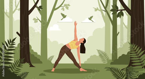 Woman Practicing Yoga In A Forest Setting For Mindful Wellness Routine