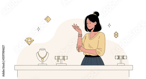 Woman Admiring Jewelry Collection At Store With Elegant Necklace And Bracelets