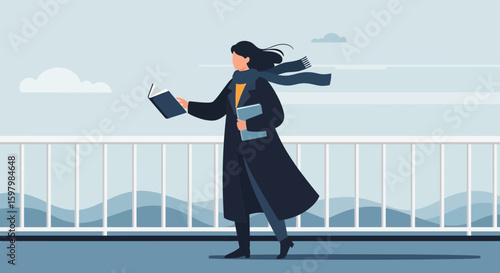 Reader Enjoying Book on Breezy Overpass, Illustration, Autumnal Scene, Learning