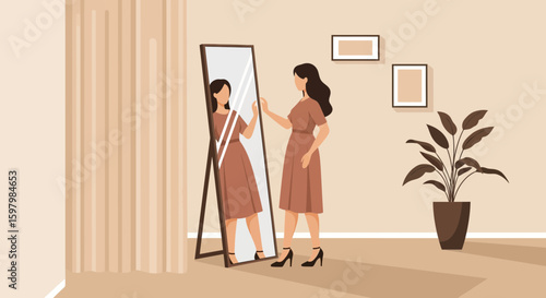Woman Admiring Her Reflection In The Mirror At Home In A Modern Interior