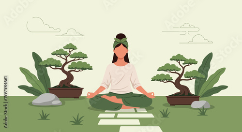 Serene Meditation In The Garden With Bonsai Trees For Mindfulness Practice