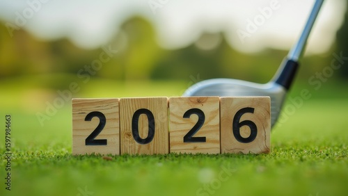 wooden cubes with the number 2026 written on them against the backdrop of a golf club