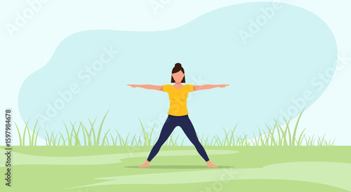 Woman Practicing Yoga In Nature For Wellbeing And Healthy Lifestyle