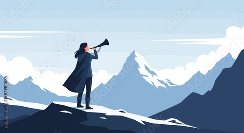 Woman Announces From Mountain Peak With Horn At Beautiful Winter Landscape
