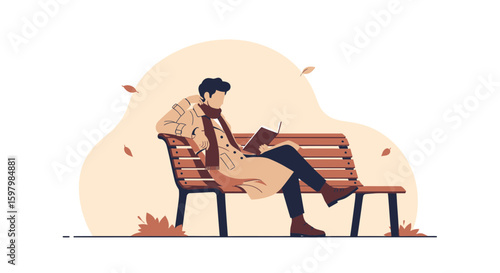 Serene Moment Man Reading Book On Bench During Autumn Season Illustration