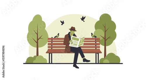 Reading News In The Park Man Enjoying Quiet Time With Pigeons And Nature