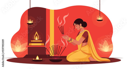 Serene Moment Of Spiritual Reflection Traditional Hindu Puja Offering Incense