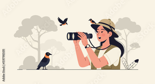 Woman Birdwatcher Exploring Nature and Watching Birds Through Binoculars