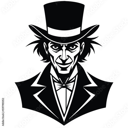 Sinister Gentleman. A stylized, two-tone vector illustration of a man in a top hat and formal wear, conveying a dark and mysterious mood.