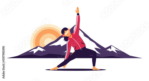 Woman Practicing Yoga Outdoor With Mountain View During Sunrise Scene