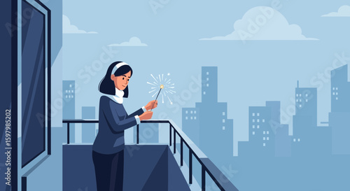 Woman Celebrate New Year Sparkler At Balcony With City Skyline Background