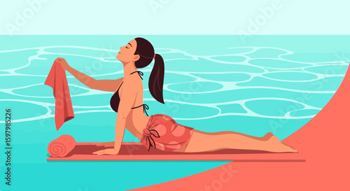Serene Morning Yoga On The Beach Woman Doing Cobra Pose With Calm Relaxation