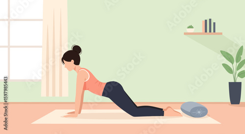 Woman Practicing Yoga Pose In Light Filled Room For Relaxing Mindful Wellness