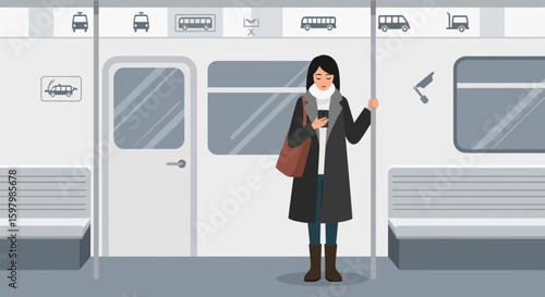 Woman Checking Her Cellphone While Commuting On A Subway Train