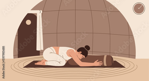 Woman Practicing Yoga Poses Child's Pose On Bolster Indoor Calm And Serene