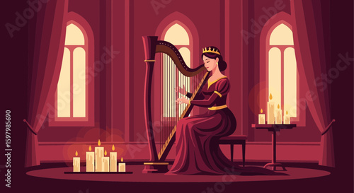 Serene Queen Plays Harp In Candlelit Royal Chamber Illustration