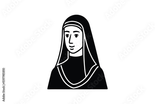 Elegant Nun Portrait with Traditional Habit and Gentle Expression Rendered in a Striking Black and White Silhouette Style silhouette