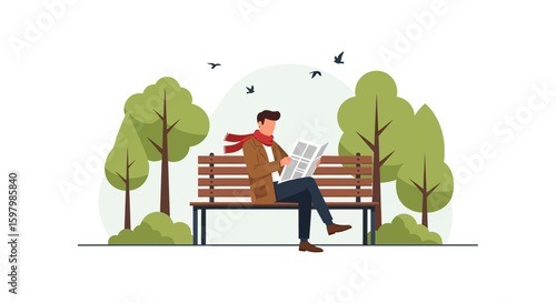 Relaxing Afternoon A Man Reads News On A Bench In The Park Illustration
