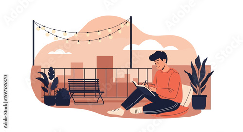 Serene Rooftop Writing: A Man's Creative Moment Under Evening Lights