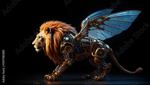 Explore the majestic steampunk lion with mechanical wings ai generated image art