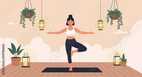 Woman Practicing Yoga Tree Pose With Indoor Plants And Lanterns At Home